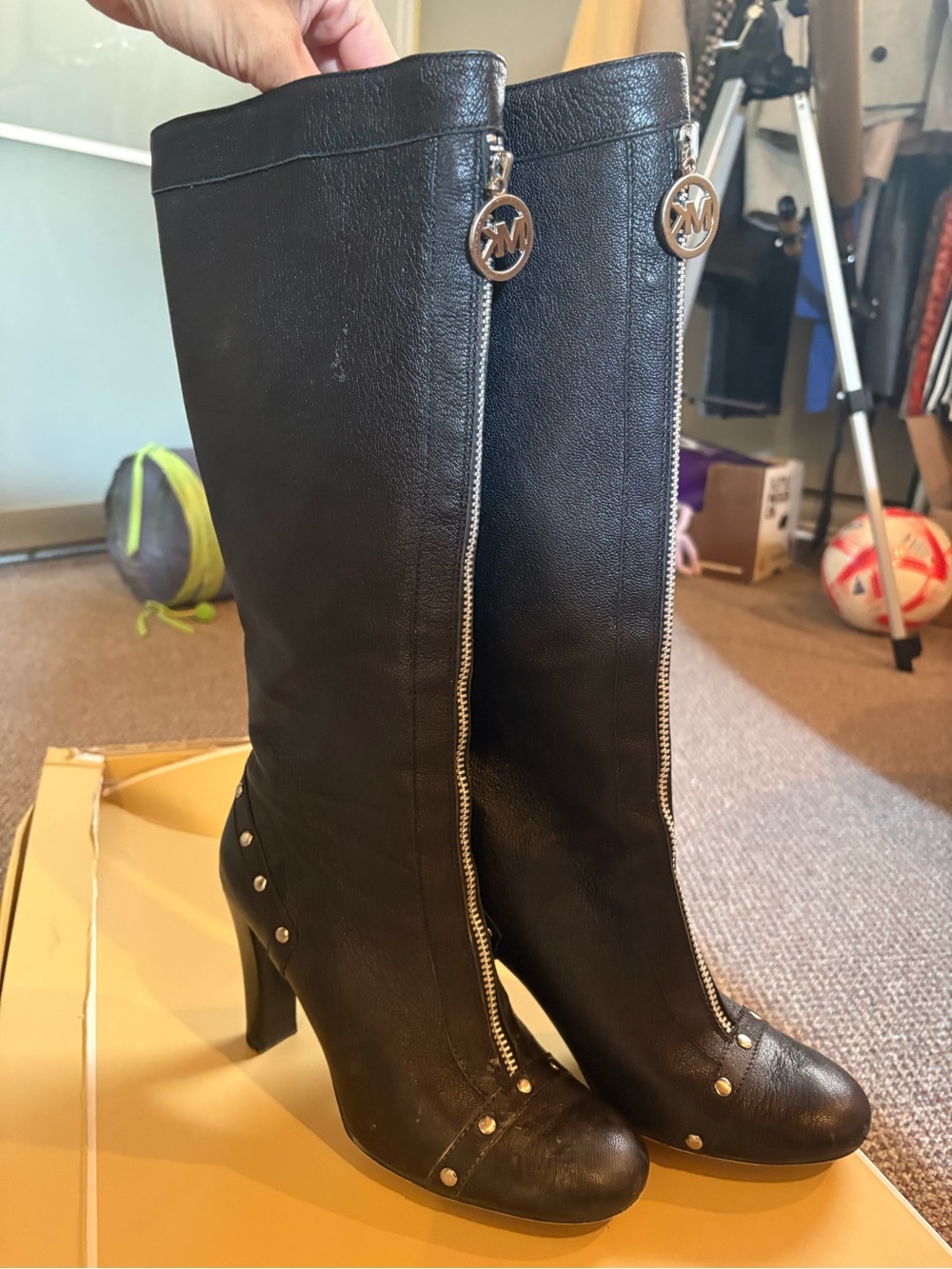 Michael Kors Black Leather Knee-High Heeled Boots with Silver Zipper Charm